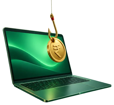 Hook pulling a rupee coin out of a laptop